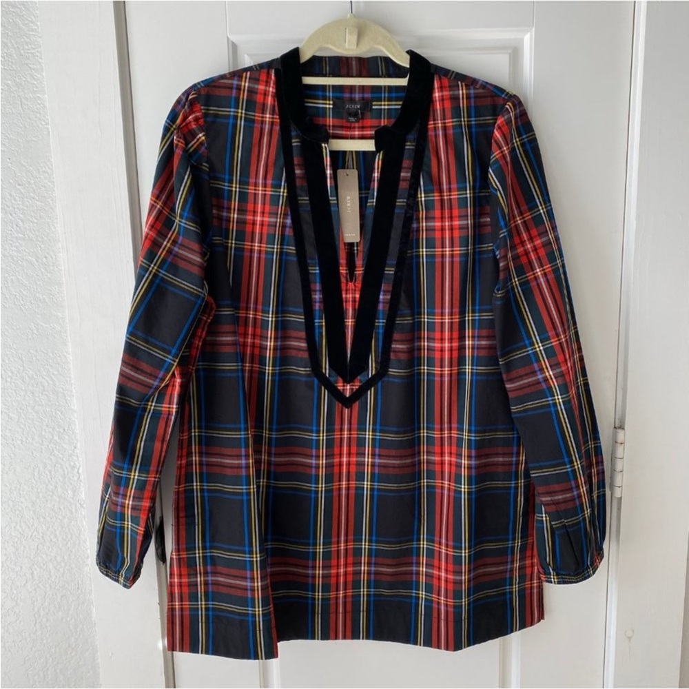 J.CREW Velvet Trimmed V-neck Tunic Stewart Tartan XS